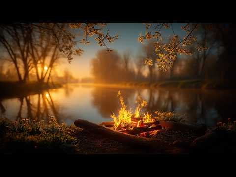 🔥 Cozy Campfire beside a Calm River 🌸 Relaxing Spring Nature Ambience