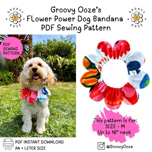 Dog Bandana PDF Sewing Pattern - Unique Flower Power Elasticated Dog / Cat Bandana Created by Groovy Ooze - SIZE M - Etsy