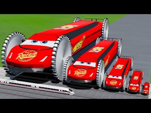 Big & Small Lamborghini McQueen Long with Saw wheels VS Train | BeamNG.drive