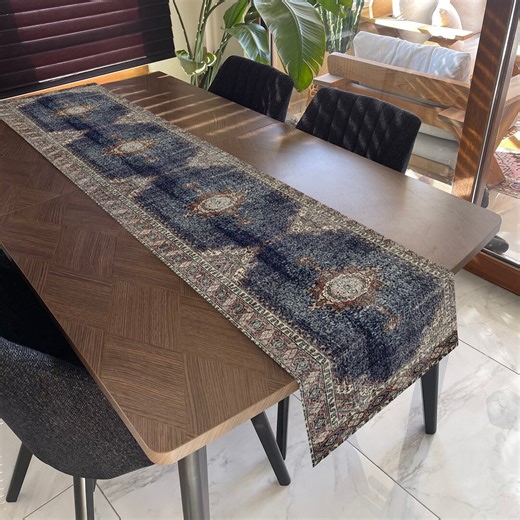 Blue Rug Style Table Runner, Ethnic Table Runner, Kitchen Table Runner, Rustic Table Runner, Boho Table Runner, Farmhouse Dining Table Decor - Etsy