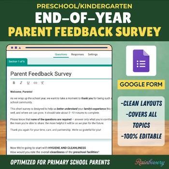 Preschool, Kindergarten PARENT FEEDBACK Survey , 100% Editable Google Form