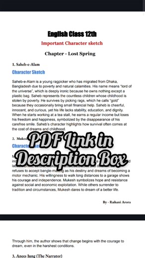 CBSE Class 12th English | Lost Spring | Character Sketch| Free PDF | #class12 #mustwatch #boards