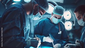 Surgeons performing an operation under bright lights in a modern operating room. Team of medical professionals in blue scrubs and masks focused on a surgical procedure