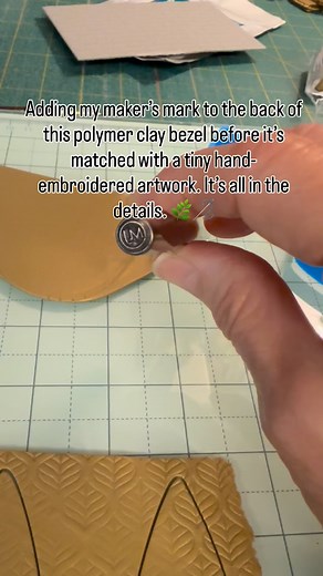 1.1K views | Handmade from start to finish—stamping my initials into a polymer clay bezel that will soon hold a tiny embroidered artwork. Every bezel is shaped, detailed, and finished by hand to create one-of-a-kind, heirloom-quality jewelry. #handmadejewelry #polymerclayartist #handembroidered | Monica Jenkins | Facebook