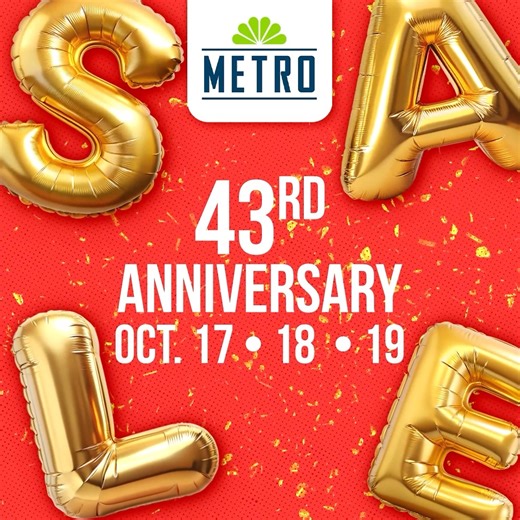 It’s a shopping party at The Metro Store’s 43rd Anniversary Sale! 🥳 Treats abound with big price drops up to 70% off, plus 10% more for Metro Rewards member on select items! 🤩👀 See you on October 17-19, 2025! 📲 Shop with your Metro Rewards to earn & pay w/ points: https://tinyurl.com/Metro-Rewards 💻 Be updated on promos: http://bit.ly/TheMetroStoresViber 📞 Pabili service: 0917-88-63876 (METRO) #ShopTheMetroStores | The Metro Stores