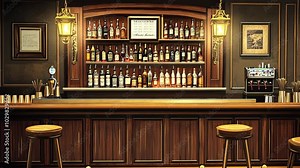 A classic wooden bar with an impressive selection of bottles and two stools, ready for patrons in the evening