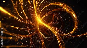 Golden particles spiraling inward or outward in slow motion, creating a hypnotic and captivating visual effect, 4K Wallpaper animation video