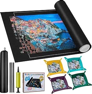 Jigsaw Puzzle Mat Roll Up - Portable Puzzles Saver Pad Up to 1500 Pieces, Full Accessories Puzzle Keeper with 4 Sorting Trays, Storage Bag, Easy Transport & Storage Puzzles Board