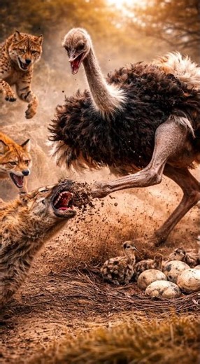 Mother Ostrich vs Predators | Fox, Cheetah & Hyena Shocked by Her Power