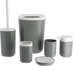 6-Piece Bathroom Accessories Set - Includes Tumbler Cup, Soap Dispenser, Toothbrush Holder, Soap Dish, Waste Bin and Toilet Brush (Gray)