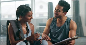 Gym subscription, personal trainer and woman with fitness, workout and training contract for class. Health club registration, smile and membership application for wellness and exercise agreement