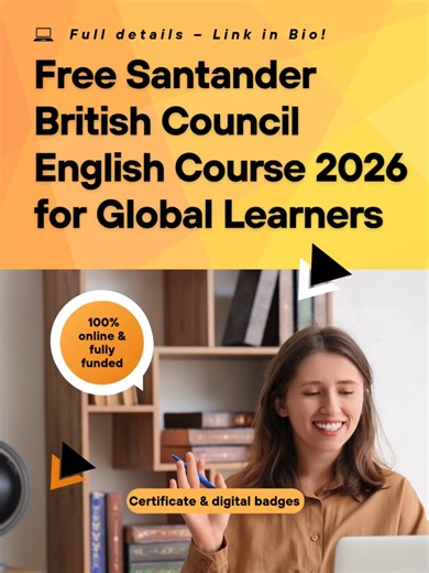 FREE English Course by British Council – Apply Now! The British Council x Banco Santander English Course 2026 is offering FREE seats to learners worldwide! This is one of the BIGGEST free English programs globally, don’t miss it! 🔗 Apply now: https://opportunitiespath.com/2026/03/17/british-council-free-santander-english-course-2026/ 📢 Link in bio for easy access #SantanderBritishCouncilEnglishCourse2026 #englishlearning #student #fyp