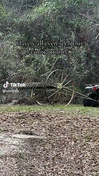 It’s a big ass rake! It has been sitting by a tree for years and my dad just decided to hook it to the four wheeler! Lol It worked great! #antique #rake #dad #contraption #farming