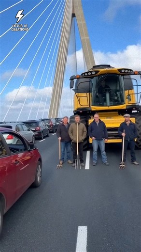 Blocage total au péage du pont de Normandie. Les agriculteurs laissent passer une moissonneuse-batteuse jaune qui déverse du foin devant les voitures. Filmé en POV, tension maximale. Vidéo humoristique – personnages fictifs générés par IA – pas pour enfants. #pontdenormandie #agriculteurs #blocage | Sibuet Benjamin