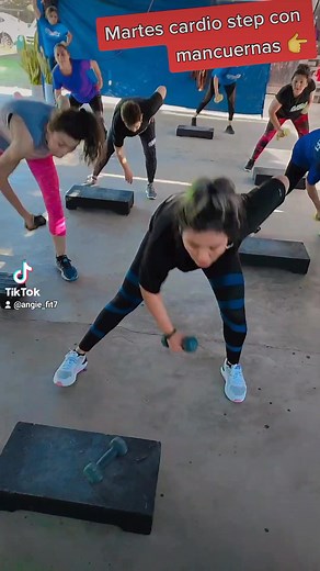 Cardio funcional en step con mancuernas ✅✅⭐👉 #zumbafitness #ejercicio #cardio #Funcional #tiktokviral . | Ritmo Fit by Angelica Armenta.