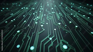 Abstract circuit board pattern with glowing nodes, representing technology, connectivity, and the flow of data in electronic systems