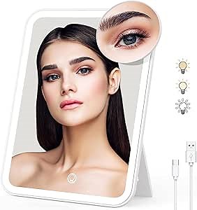Travel Makeup Mirror with Lights & 10X Magnetic Magnification, 9.4"x6.7" Dimmable 3 Color LED Lighted Rechargeable Vanity Mirror with 360° Angle, Portable Compact Cosmetic Mirror for Women