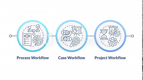 3 types of workflow infographic circles animation. Production organization. Task structure. Company management. Flowchart dynamic presentation with 3 steps process. HD video, motion graphics