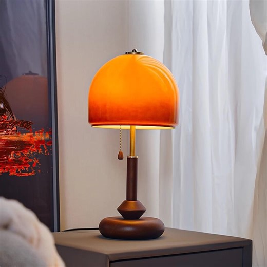 Amber Glass Mushroom Table Lamp, Walnut Wood Bedside Light, Vintage Warm Glow Desk Decor - Etsy
