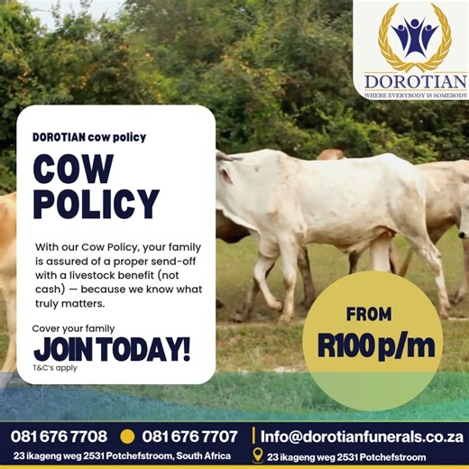 🐄 The Dorotian Cow Policy – Where Tradition Meets Dignity 🕊 Honor your loved ones the right way with a funeral policy that provides a real cow, not just a promise. From as little as R100 per month, your family can receive meaningful support when it matters most. 💙 Because at Dorotian, we care beyond the funeral. 📍 Visit us today or call 062 001 5437 #DorotianFunerals #CowPolicy #WeCareWeHonorWeServe #DignityInFarewell | Dorotian funeral service