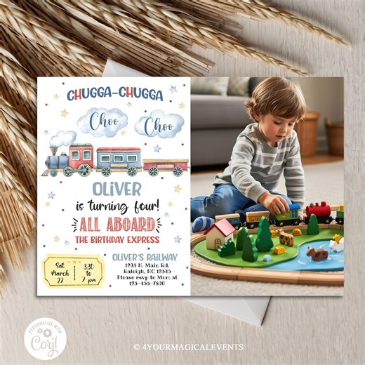 All aboard train boy birthday invitation, train birthday photo invite, trains invitation, digital printable, editable, chugga choo choo.