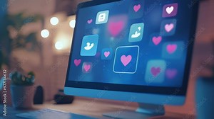 Desktop computer with floating heart icons representing social media engagement. Business marketing through social networks.