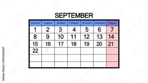A clean and simple representation of the month of September on a calendar grid with the first two weeks displayed and highlighted days for weekend and Friday