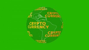 Download World map with cryptocurrency digital text rotating on green screen for free