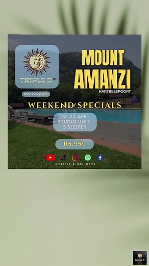 📌: Mount Amanzi, Hartebeespoort Spend a weekend getaway at Mount Amanzi Resort located in Hartebeespoort from the 19-22 April 2024. Details include, a 5 Sleeper, studio unit for only R5,950. Dont miss out on this amazing deal, book now by contacting us on: 📲: 072 295 2025 #hartebeespoortdam #harties #thingstodoinhartbeespoort #weekendgetaway #fyp #getaway
