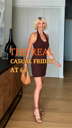 Sheena Cole on Instagram: "Casual summer, dinner date outfit - But is a mini dress still ok over 60? 🤷‍♀️ For me it’s about being comfortable in your own skin so short dresses are staying in my closet…..in the meantime. 🤎 ⠀⠀⠀⠀⠀⠀⠀⠀⠀ And when I dress for a casual summer’s night out I keep it simple and effortless: 🤎 One strong piece (this chocolate halter mini) ⠀⠀⠀⠀⠀⠀⠀⠀⠀ 🧡 One tonal texture (tan braided bag + barely-there low heeled sandals to lengthen the legs) ⠀⠀⠀