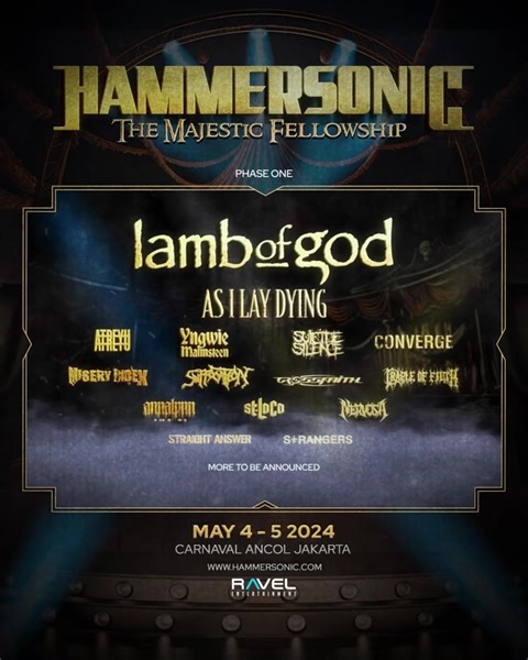 Here we go! The majestic phase 1 line up of Hammersonic Festival 2024. Get yourself ready for The Biggest Heavy Music Festival in Southeast Asia on 4-5 May 2024 at Carnaval Ancol, Jakarta. More name to be announced. Tickets will go on sale soon on www.hammersonic.com ! Stay tuned #Hammersonic #RavelEntertainment #Hammersonic2024 | Hammersonic Festival