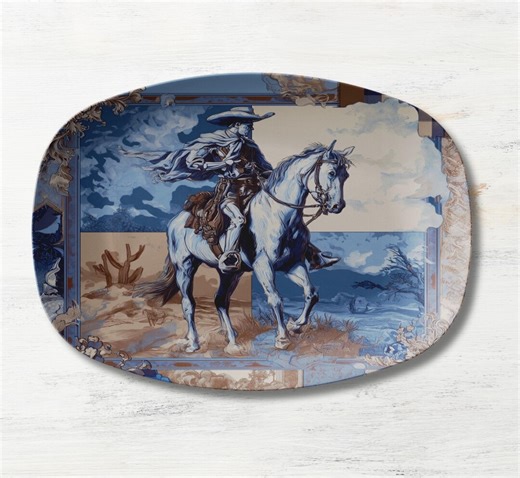 Blue Western Cowboy Serving Platter – Horse Ranch Decor, Vintage Style Toile Western Tableware, Farmhouse Platter, Southwest Dinnerware - Etsy