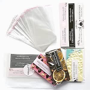 Chocolate Candy Bar Packaging Wrappers 190PCS SET With 100pcs 4"*7.8" Cellophane Clear Plastic Self Adhesive Bags and 90pcs Chocolate Stickers for DIY Chocolate Lover Small Batched Custom Sweets