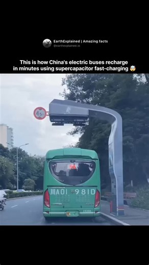 EarthExplained | Amazing facts on Instagram: "The image shows a supercapacitor electric bus using an overhead flash-charging system in Chengdu, China. The technology allows the bus to recharge in a matter of minutes, or even seconds at specific stops. Unlike traditional batteries, supercapacitors can be charged much faster. Each rapid charge can propel the bus around 50 kilometers (about 31 miles).This system improves the efficiency and practicality of sustainable public transportation in urban