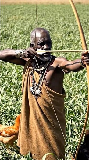 Africa man arrow shooting far away from big predator head shot die at farm