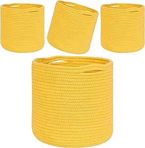 CubesLand Multi-use Collapsible Storage Cube Basket Sets 4,Woven Rope Storage Organizer Basket Bin 11x11in,Cube Storage Bins for Shelves w/Inserts,Bedroom, Living Room,Round Storage Cubes-Yellow