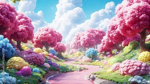 Journey through a whimsical landscape filled with vibrant trees and a winding river under a bright blue sky