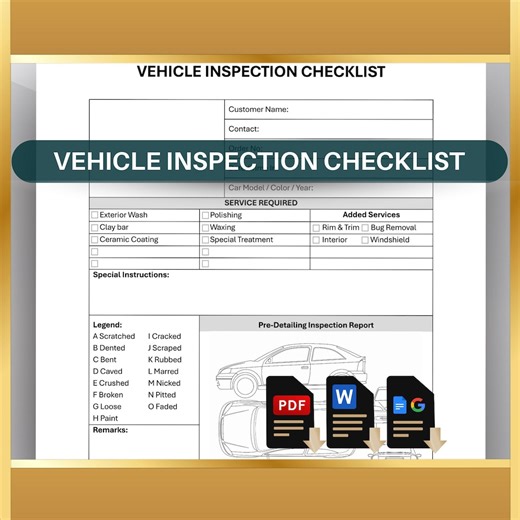 Vehicle Inspection Checklist and Auto Detailing & Condition Work Order (printable PDF, Word, Google Docs) - Etsy