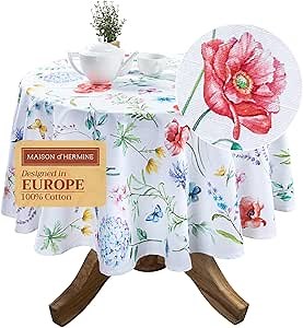 Maison d' Hermine Table Cloth Round Table 100% Cotton 69 Inches Tablecloth Reusable Decorative for Dining Room, Farmhouse, Home, Party, Festive & Wedding Spring Summer - Happy Florals - High Summer