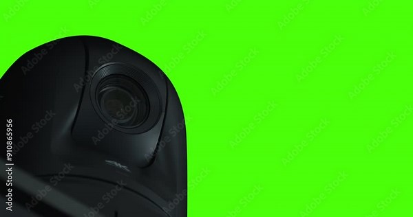 Surveillance camera turns head with lens back and forth and analyzes scans the environment, face recognition and recording function, green screen isolated