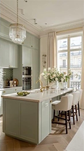 Sage Green Modern Parisian Kitchen Design | Chic & Elegant French Kitchen Decor. ✨ #interiordesign