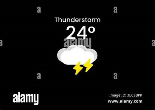 A thunderstorm weather widget showing the temperature of 23 degrees with a storm cloud and lightning bolt icon below the word Thunderstorm on a black background Stock Video Footage - Alamy