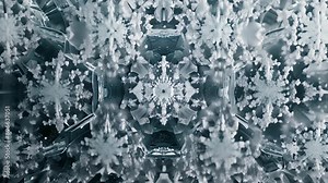 A symmetrical design with geometric shapes resembling frozen cells layered upon each other like ice crystals in a hexagonal pattern.