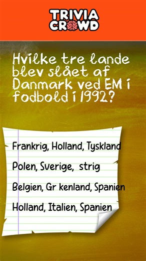 A trivia quiz brought to you by @Triviacrowd Question 1 : Elvis Costello sings "There was a checkpoint Charlie, He didn't crack a" what? A : Spark B : Smile C : Glance D : Mirror Question 2 : Hvilke tre lande blev slået af Danmark ved EM i fodbold i 1992? A : Frankrig, Holland, Tyskland B : Polen, Sverige, Østrig C : Belgien, Grækenland, Spanien D : Holland, Italien, Spanien Question 3 : Which metallic element is the main component of steel? A : Tin B : Gold C : Iron D : Platinum Question 4 : Wh