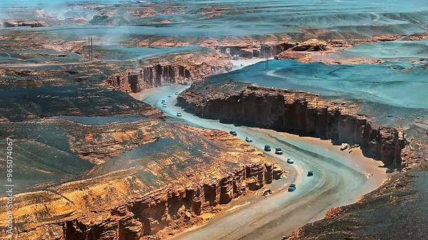Aerial view of the car passing through a Yadan landform desert road. The spectacular Dahaidao Yadan landform natural landscape in Xinjiang, China. A paradise for self-driving tours.