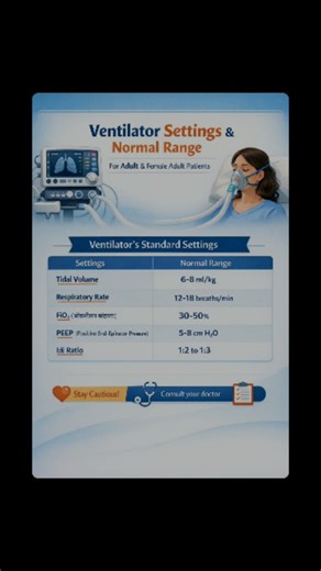 spacetone01 on Instagram: "Ventilator Settings Explained | Normal Values for Adult Patients 🫁 Do you know the basic ventilator settings used in ICU? In this post, learn: ✅ Tidal Volume (VT) ✅ Respiratory Rate (RR) ✅ PEEP ✅ FiO₂ ✅ Inspiratory Pressure Perfect for nursing students, ICU staff, OT technicians, and paramedical learners. 📌 Save & Share for exam revision!#Ventilator #VentilatorSettings #ICUlife #CriticalCare #MechanicalVentilation NursingEducation ICUnurse RespiratoryTherapy Paramedi
