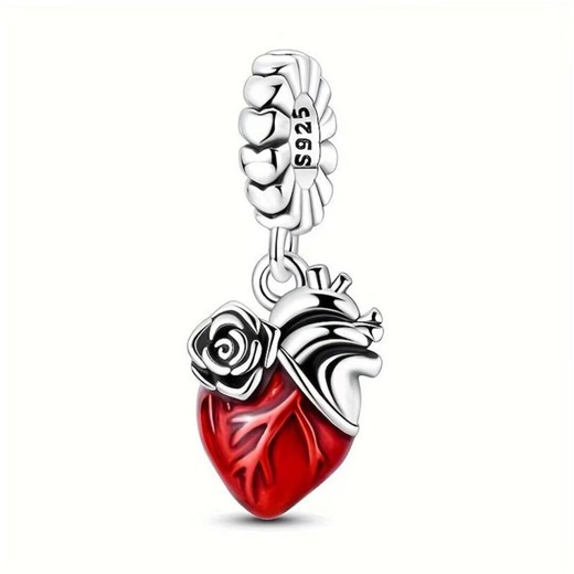 Silver Red Rose Heart Pendant | Floral Charm Bead for Bracelets & Necklaces | Fits Pandora Charm - Etsy