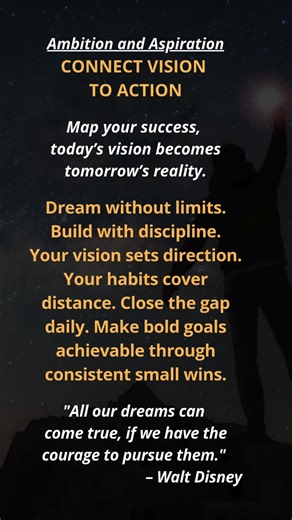 Sunday Ambition &Aspirations: Dream big, build daily: Bridge your aspirations with intentional habits. Bridge the gap between aspiration and achievement by establishing daily practices that directly connect your current routine to your ultimate vision. Identify your most ambitious long-term goal, reverse-engineer one habit that someone who achieved that goal would practice daily, and begin performing that exact habit today. #happinessjourney #selfimprovement #inspiration #mindset #success #motiv