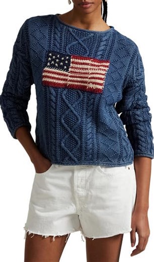 Polo Ralph Lauren Flag Cable Knit Cotton Aran Sweater | Nordstrom