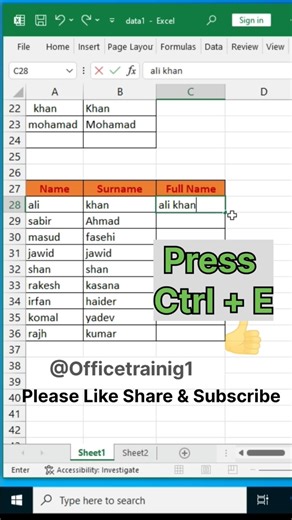 Flash Fill- Full Name- Excel tips & Tricks from @Officetraining1
